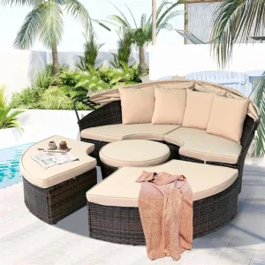 Wicker patio sectional with retractable canopy, cushions